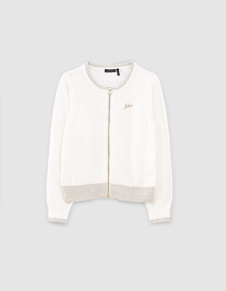 Cardigan blanc cassé bi matière brodé dos fille-1