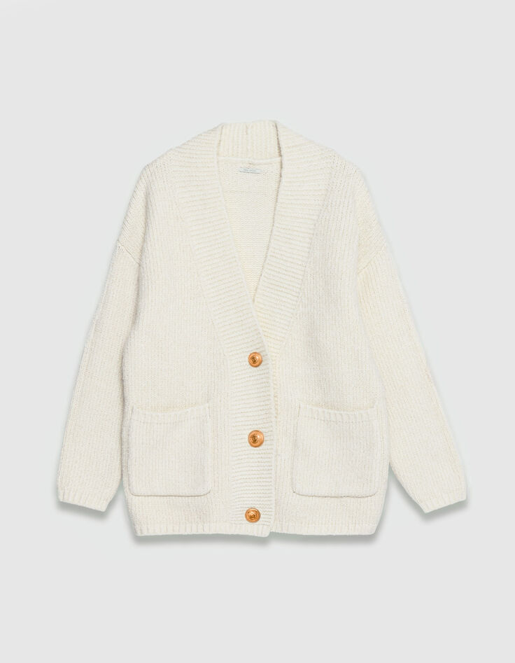 Ecru Damen-Strickjacke, goldfarbener Lurex Loose-Fit-5