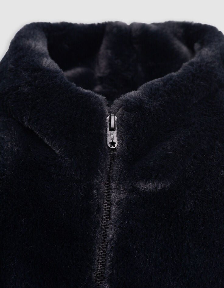 Schwarze Sherpa-Maxi-Jacke, Kapuze, Fischgr&auml;ten, M&auml;dchen-2