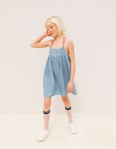 Girls’ light blue Tencel® embroidered dress+printed straps - IKKS