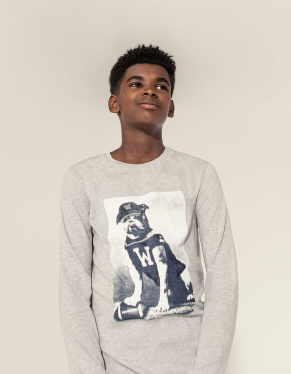 T-shirt gris chiné moyen visuel chien-footballeur garçon 