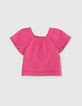 Blouse rose crépon encolure élastiquée fille-1