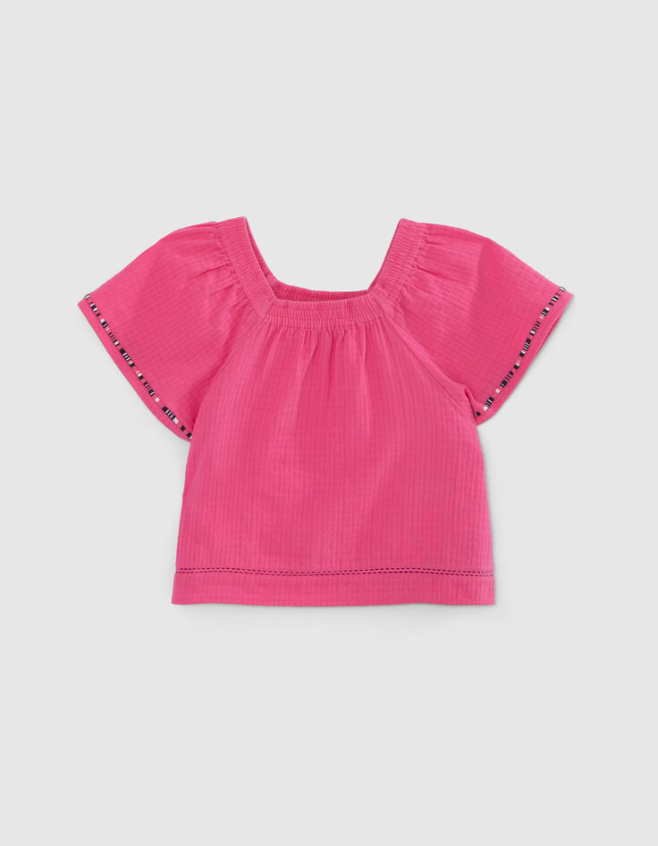 Blouse rose crépon encolure élastiquée fille-1