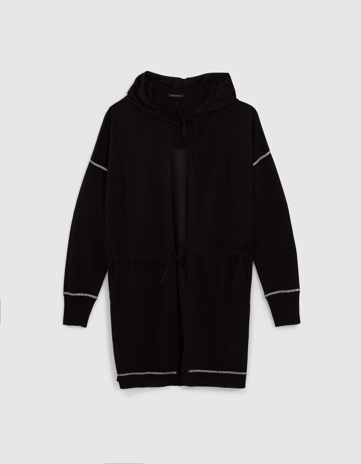 Cardigan mi-long noir tricot à capuche Femme-1