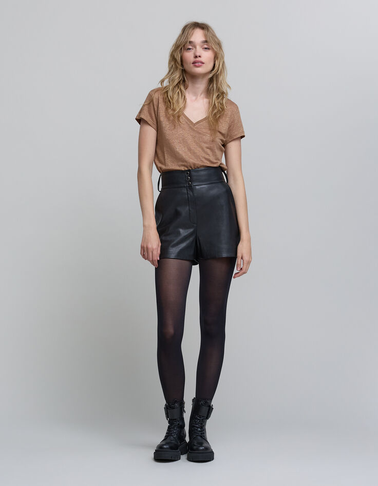 Women's camel foil linen V-neck T-shirt-6
