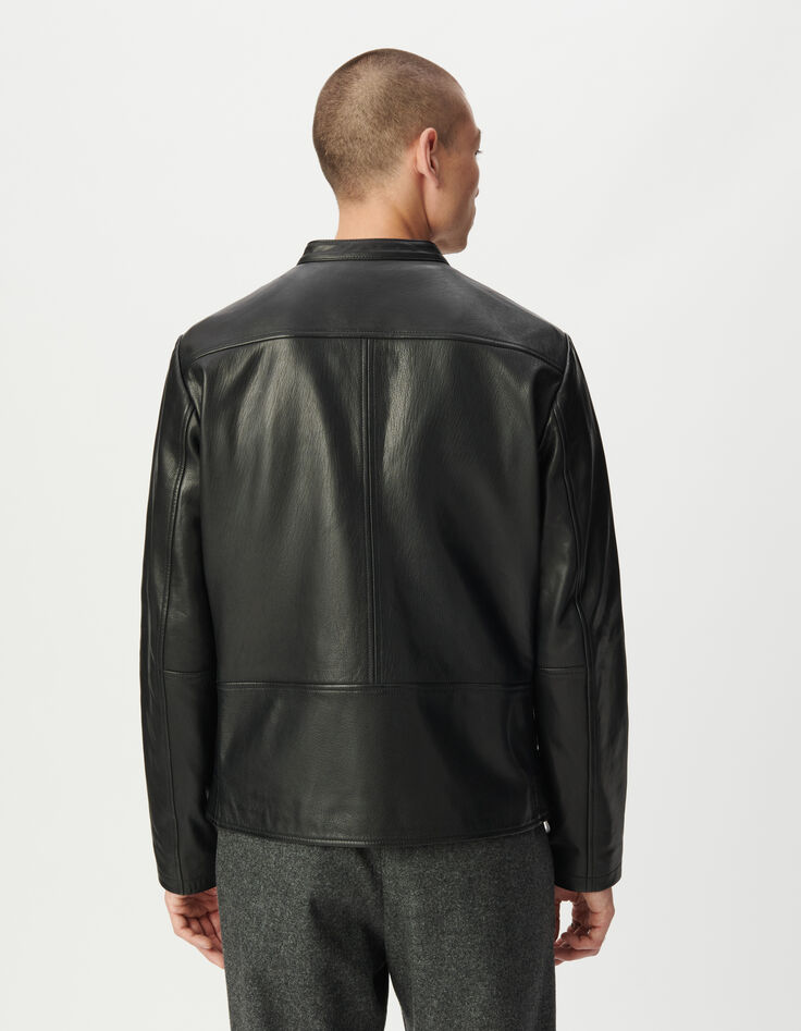 Men’s black leather jacket with zipped pockets-3 Men’s black leather jacket with zipped pockets-3