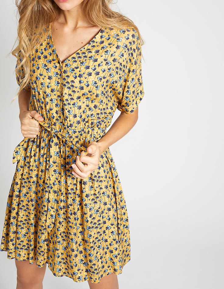 Kurkuma jurk met kleurrijke bloemenprint I.Code-5