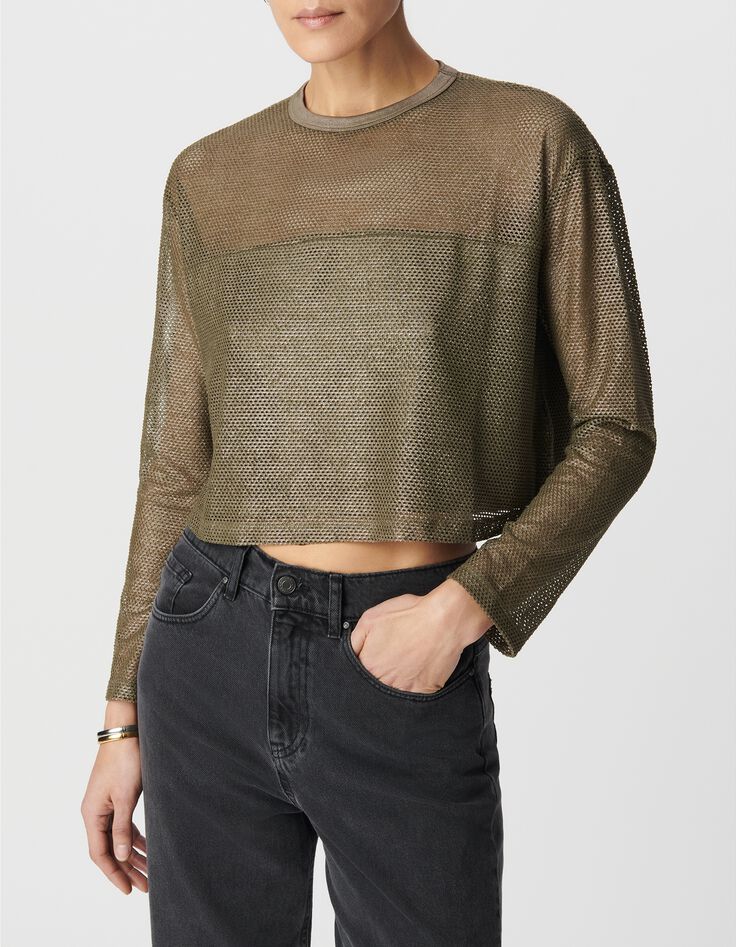Dames sweatshirt van kaki gecoat mesh-2