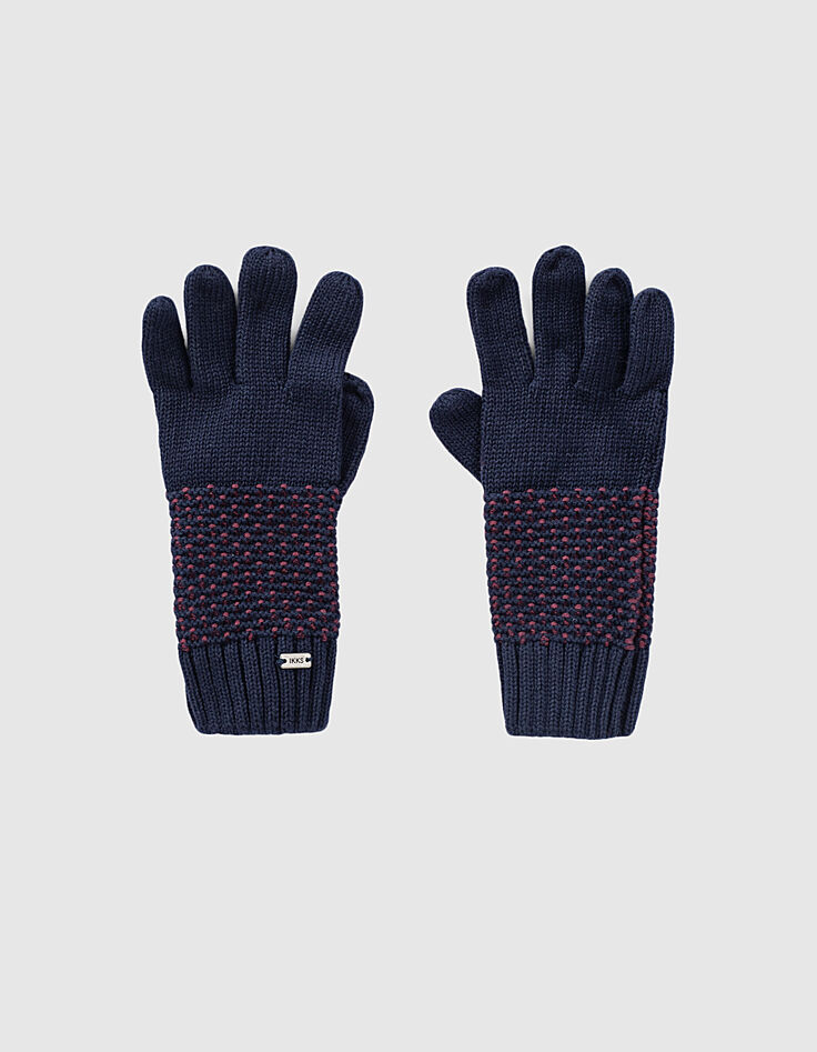 Gants navy et rouge tricot points fantaisie garçon -1 Gants navy et rouge tricot points fantaisie garçon -1