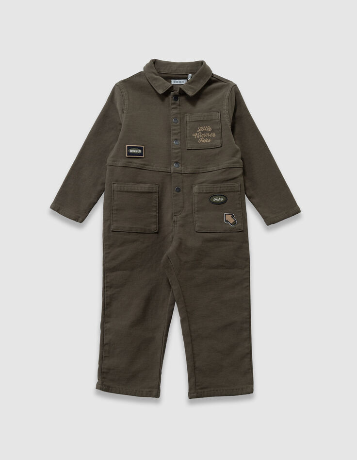 Kaki jumpsuit badges en borduursel babyjongens-1