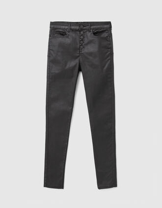 Schwarze Cropped-Jeans für Damen mit sichtbaren Powerstretch-Knöpfen