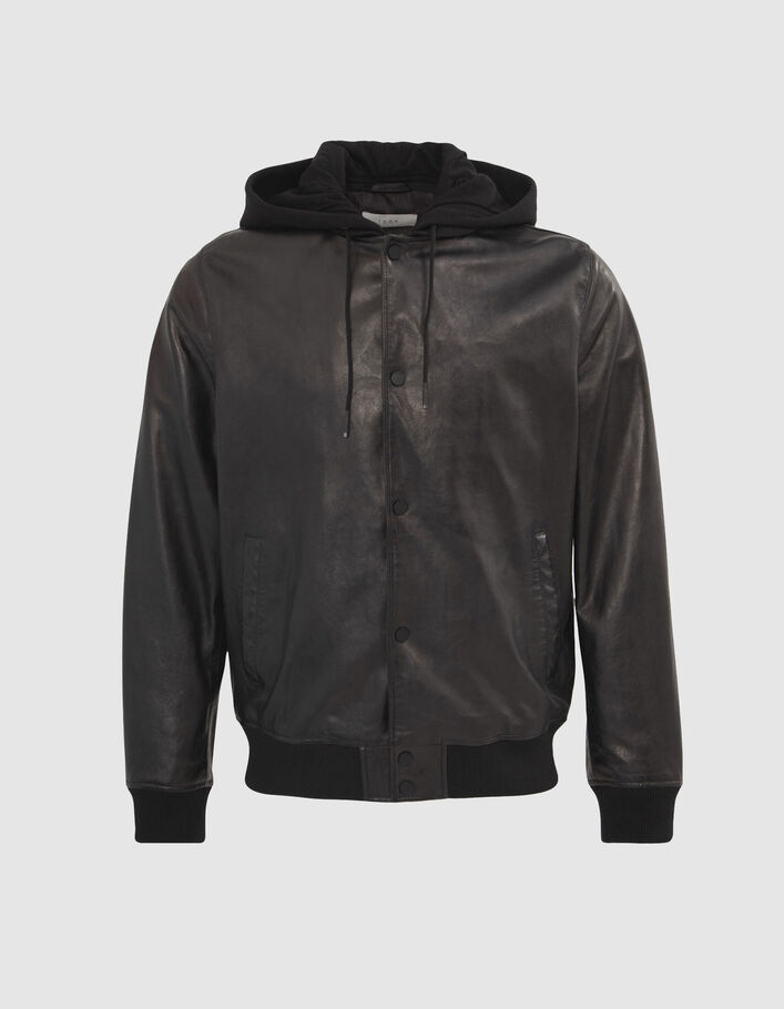 Men’s black leather bomber jacket with detachable facing - IKKS