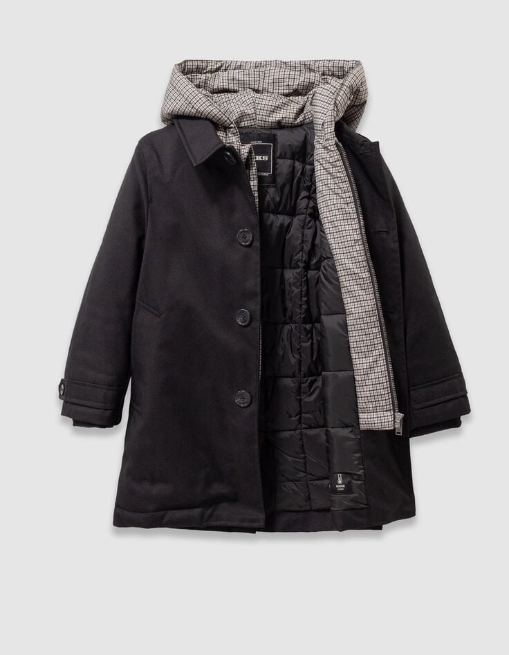 Boys’ black trench coat with check hood facing-5 Boys’ black trench coat with check hood facing-5
