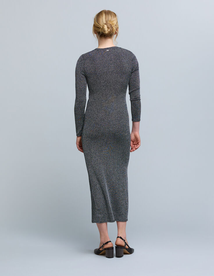 Silbernes Maxikleid aus geripptem Lurex-Netz für Damen-3