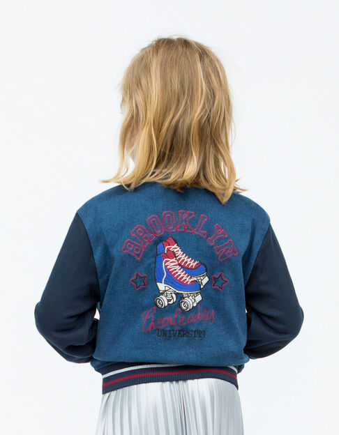 Girls’ navy denim embroidered mixed fabric baseball jacket - IKKS