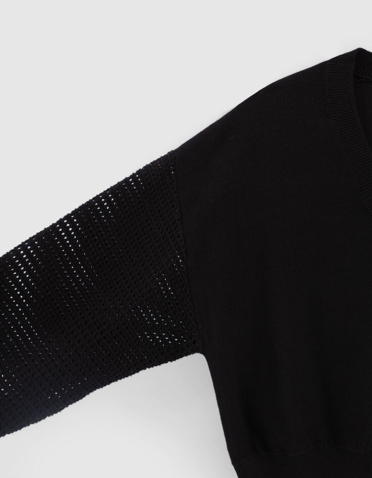 Cardigan cropped noir tricot manches ajourées fille-6