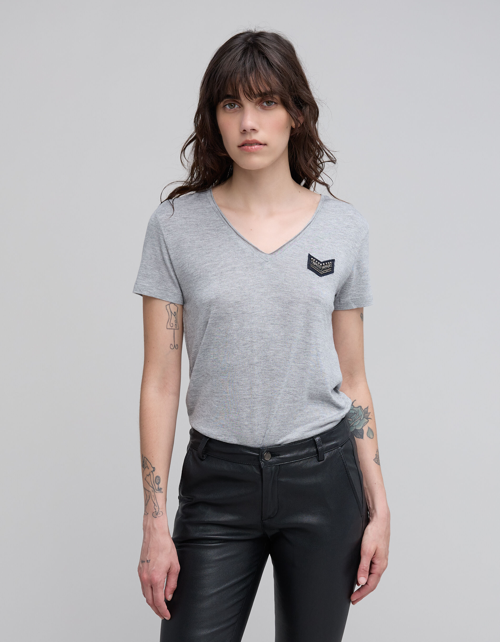 Tee shirt col V gris clair chine femme IKKS