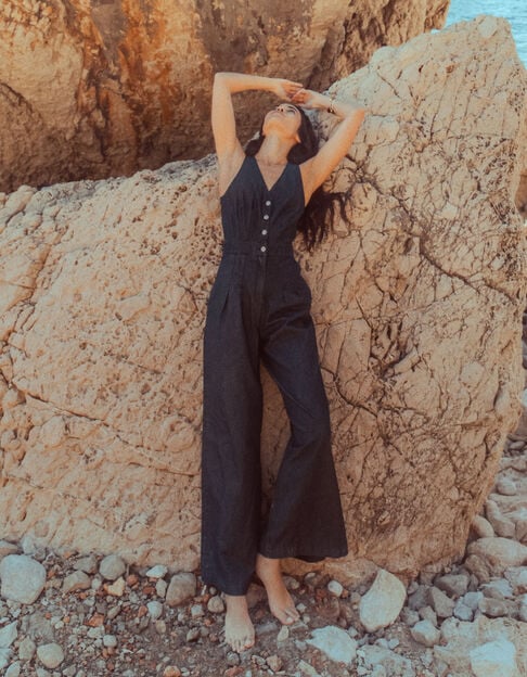 Dames jumpsuit zonder mouwen en rauw denim - IKKS