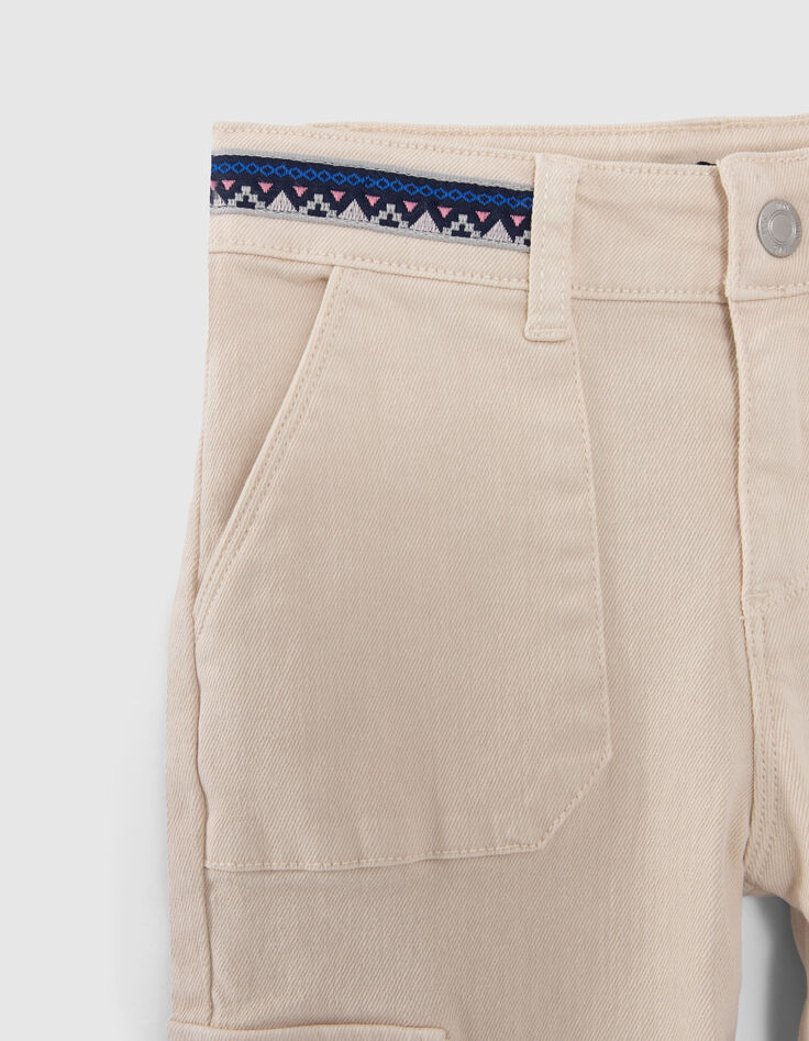 Girls' ecru cargo jeans with embroidered braid-2