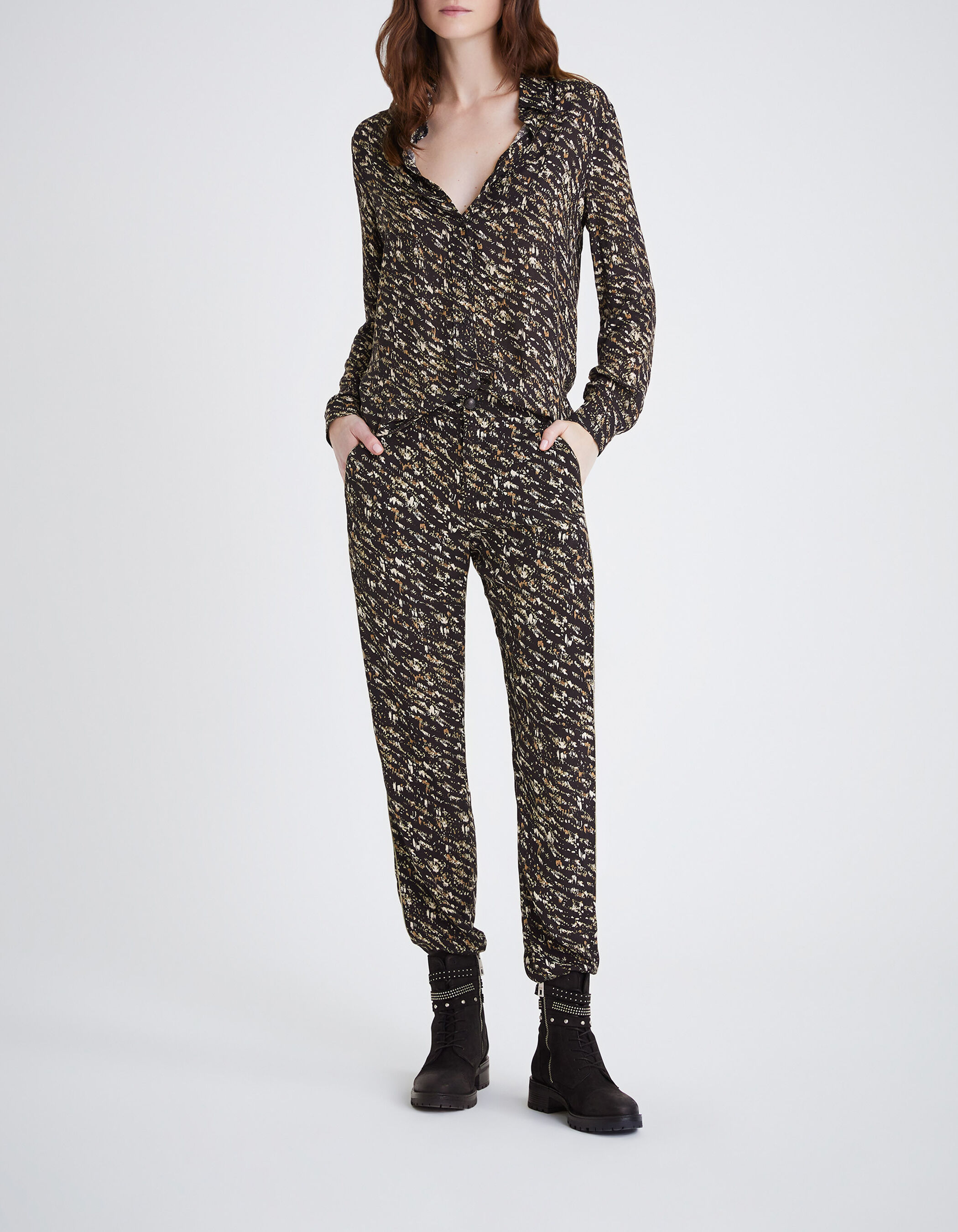 Pantalon fluide noir imprime fusain Femme