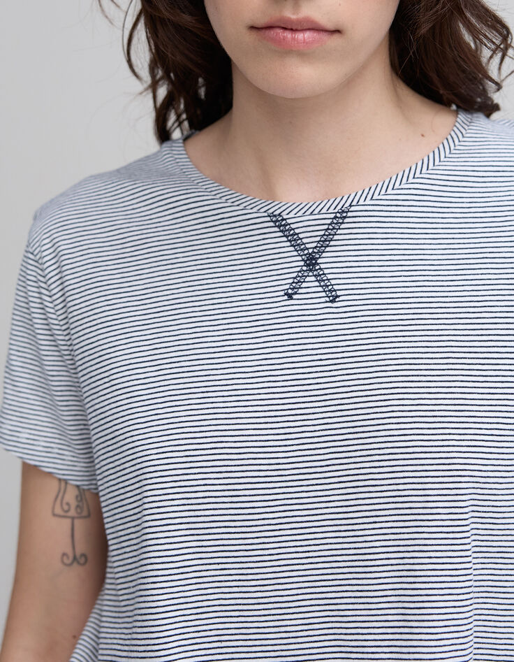 Women's navy blue striped white knotted organic cotton T-shirt-6