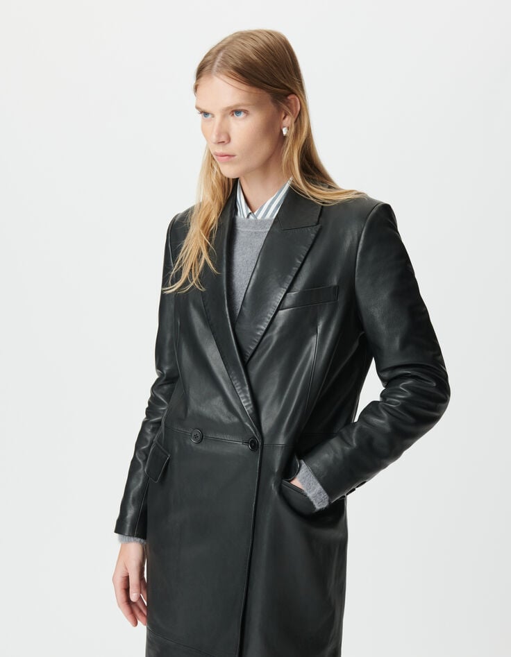 Abrigo largo negro cuero oversize mujer-4