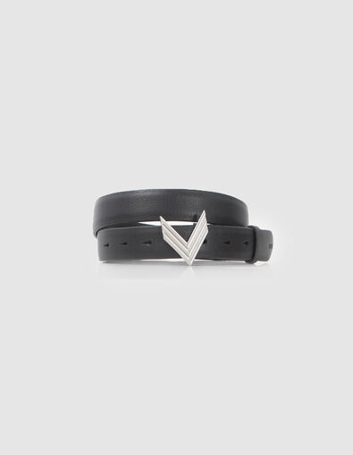 Women’s black leather belt with iconic chevron buckle - IKKS