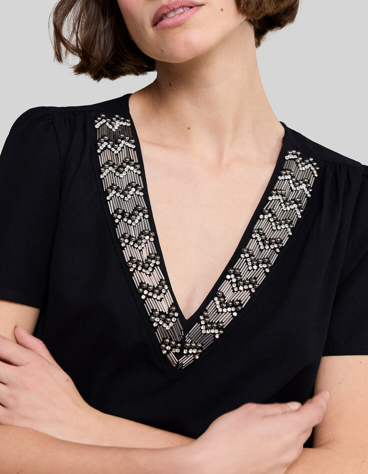Women’s black recycled dress, pretty embroidered collar-4