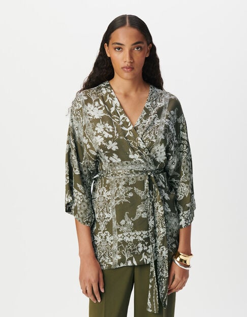 Camisa kimono caqui estampado fular mujer - IKKS