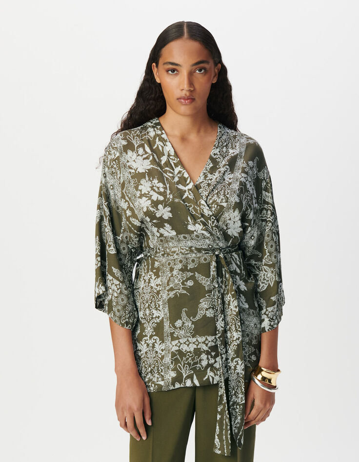 Chemise kimono kaki imprimé foulard Femme-4