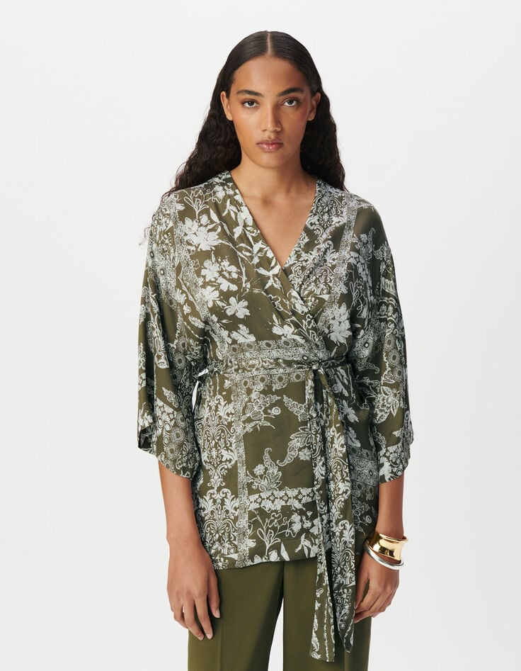 Chemise kimono kaki imprimé foulard Femme-4 Chemise kimono kaki imprimé foulard Femme-4