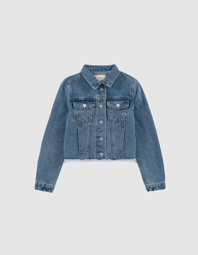 Girls’ blue organic cotton denim jacket with fringed hem - IKKS