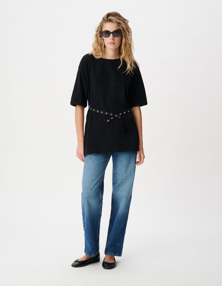 Tee-shirt mi-long noir avec ceinture amovible Femme-1