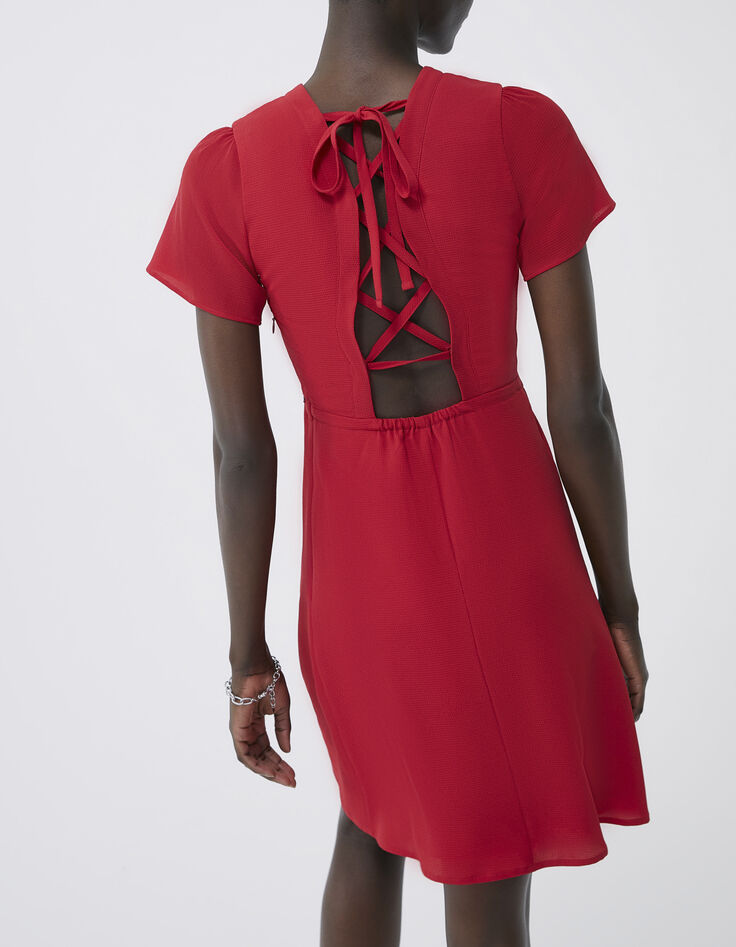 Robe vermillon avec jeu de laçage au dos femme-3 Robe vermillon avec jeu de laçage au dos femme-3