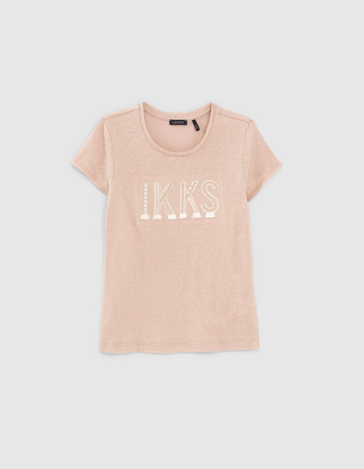 Camiseta champán purpurina y letras bordadas niña-1