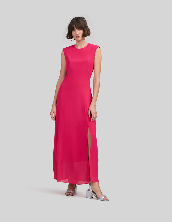 Langes hot pink Recycling-Damenkleid mit Schulterpolstern - IKKS