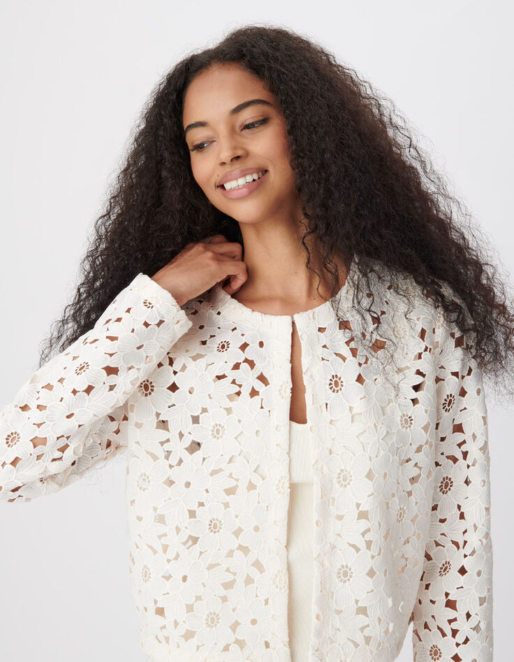 Chaqueta bolero corta de mujer de encaje blanco-5