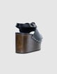 Women's black leather wedge sandals-3