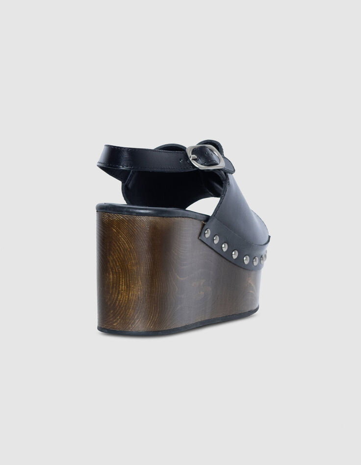 Women's black leather wedge sandals-3