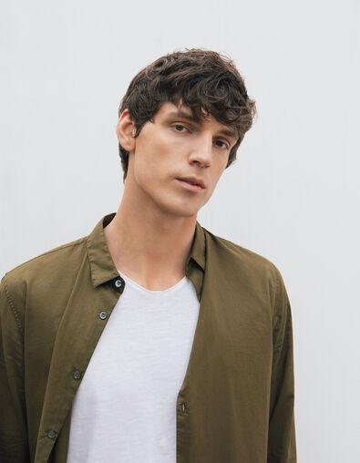 Men&rsquo;s khaki organic cotton voile SLIM shirt - IKKS