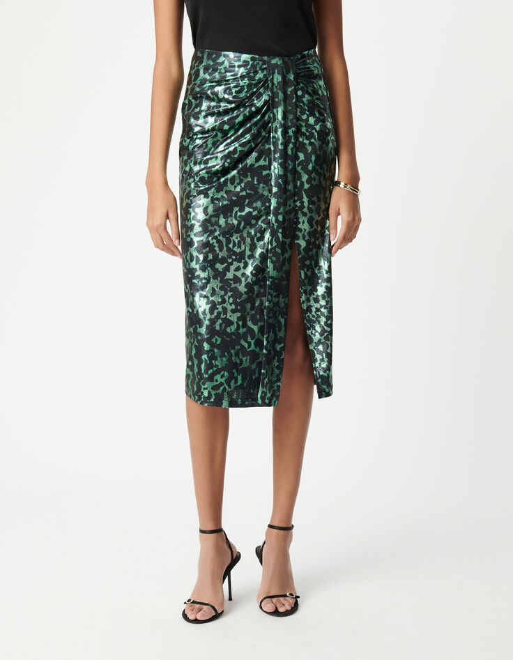 Women's metallic camouflage print green skirt-5