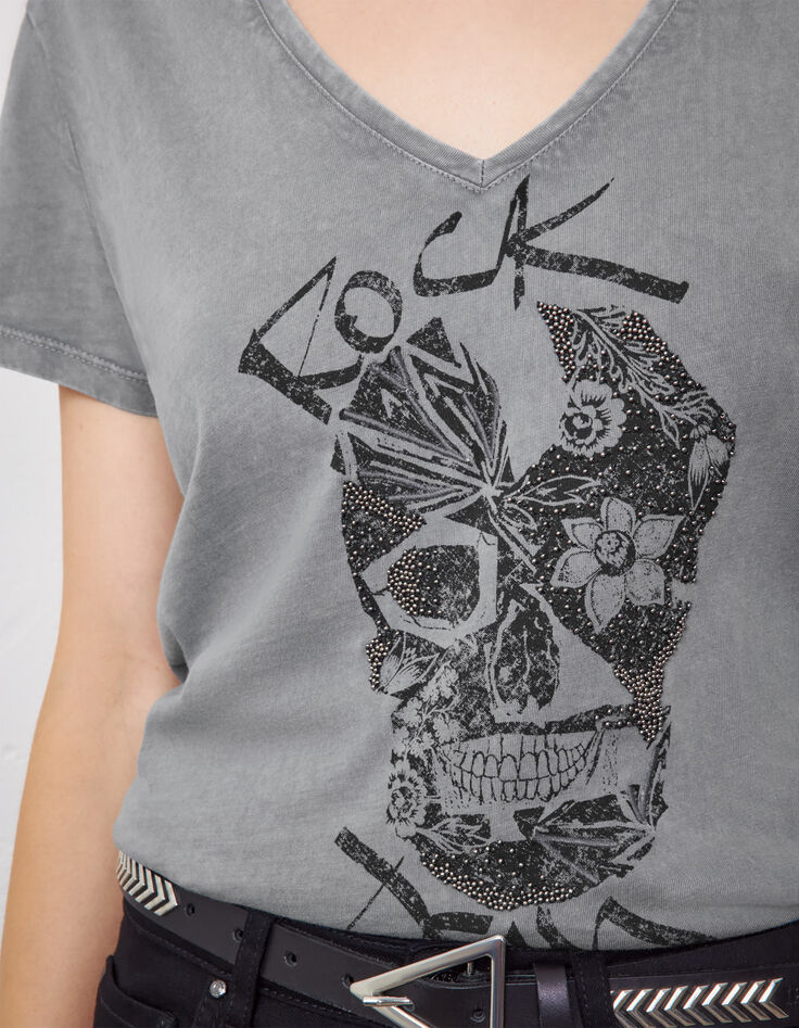 Tee-shirt coton bio gris visuel tête de mort perles femme-3