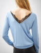 Pull bleu encolure devant dos avec dentelle noire femme-2
