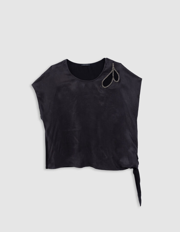 Top noir découpe brodée à nouer côté Femme-5