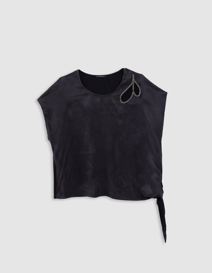 Top noir découpe brodée à nouer côté Femme-5 Top noir découpe brodée à nouer côté Femme-5