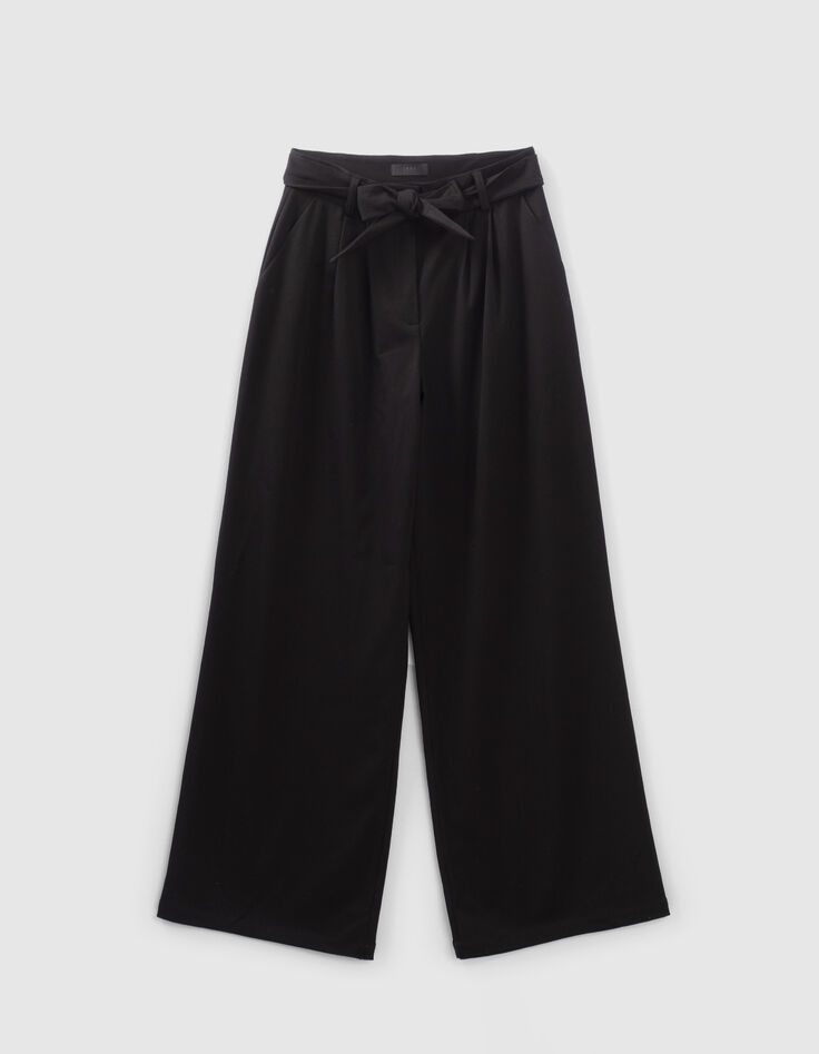 Zwarte wijde broek hoge taille ceintuur Dames-4