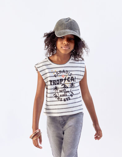 Girls' ecru organic cotton T-shirt, black stripes & palms - IKKS