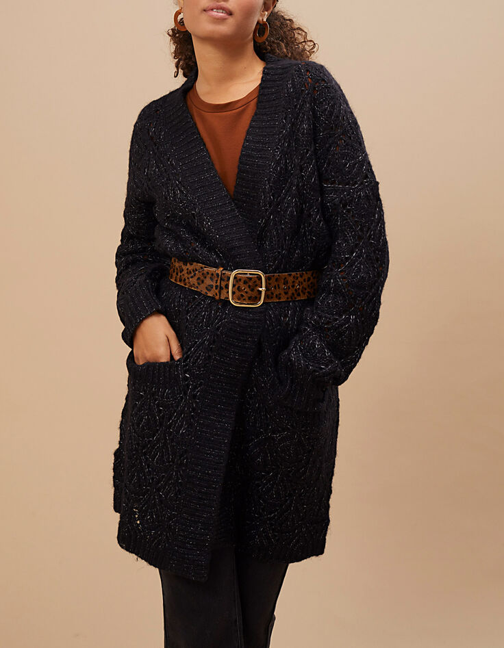 Schwarzer, lange Zierstrickjacke I.Code-1