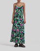 Langes, schwarzes Damenkleid mit tropischem Print-1