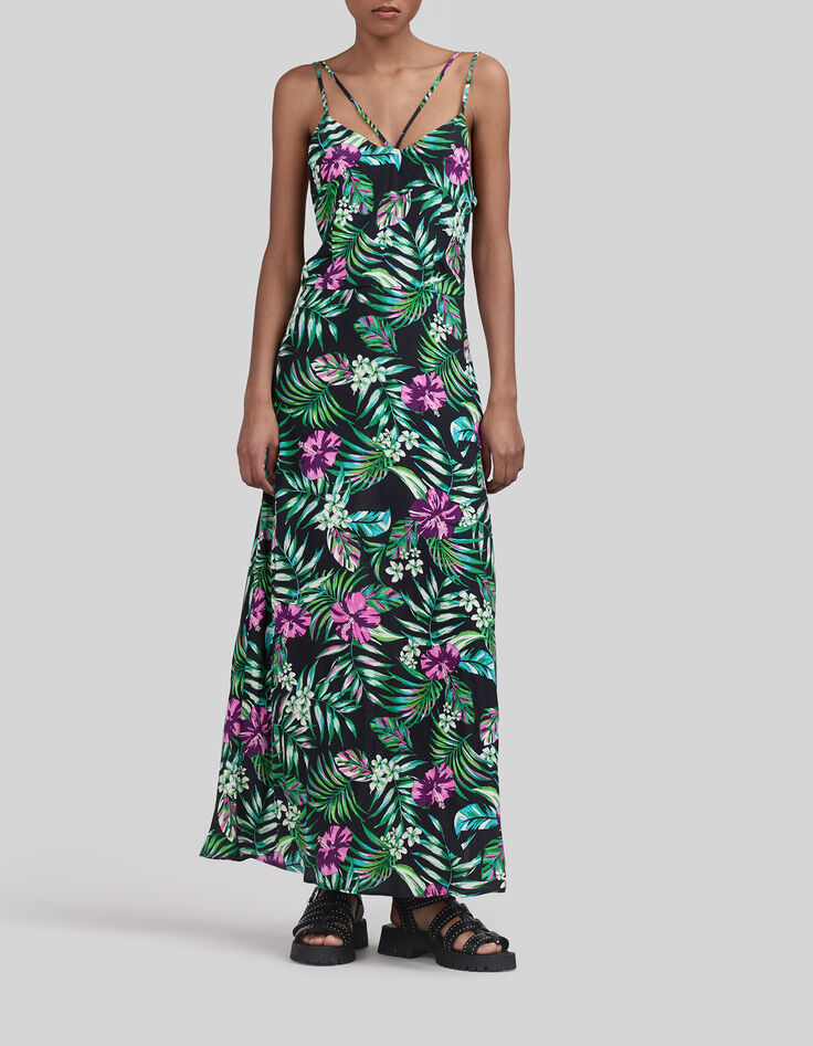 Langes, schwarzes Damenkleid mit tropischem Print-1